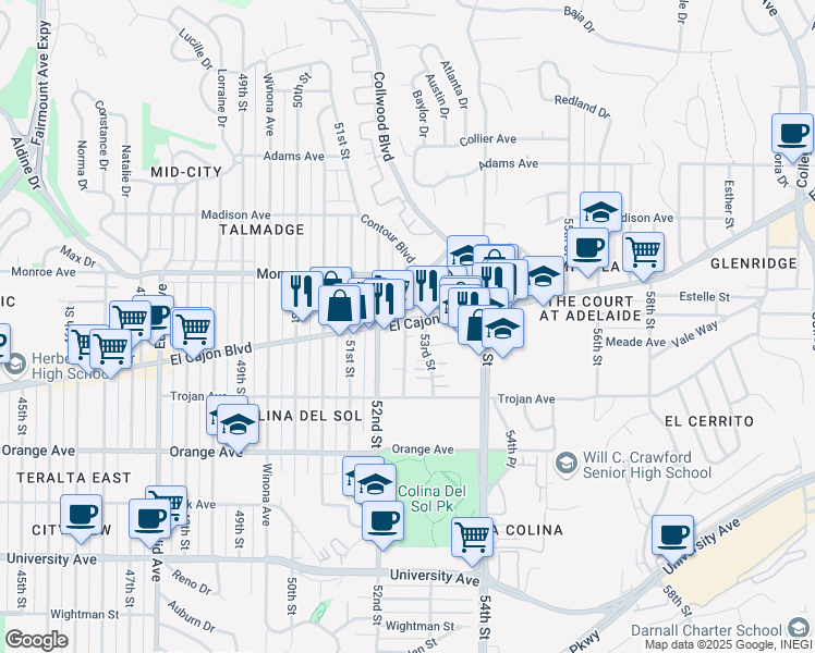 map of restaurants, bars, coffee shops, grocery stores, and more near 5 Dawson Avenue in San Diego