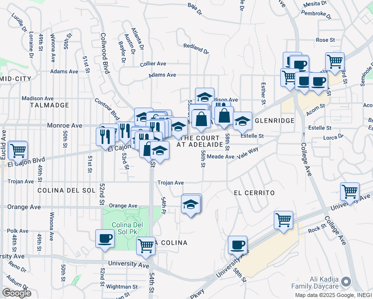 map of restaurants, bars, coffee shops, grocery stores, and more near 5505 Adelaide Avenue in San Diego