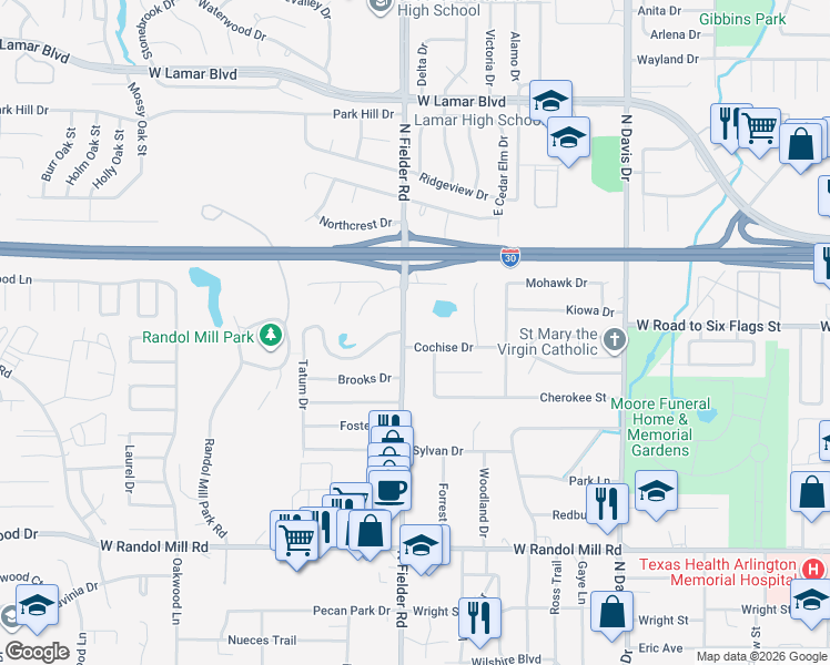 map of restaurants, bars, coffee shops, grocery stores, and more near 1511 North Fielder Road in Arlington