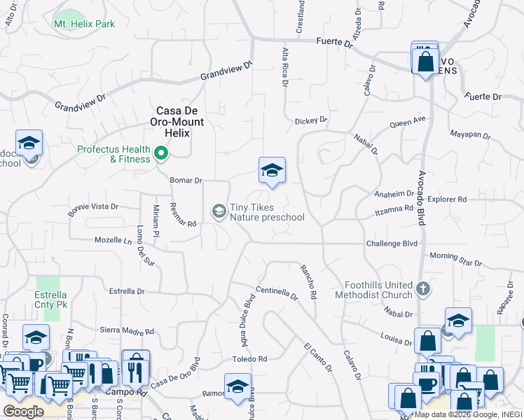 map of restaurants, bars, coffee shops, grocery stores, and more near 4311 Alta Mira Drive in La Mesa
