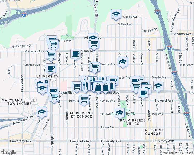 map of restaurants, bars, coffee shops, grocery stores, and more near Texas St & Meade Ave in San Diego