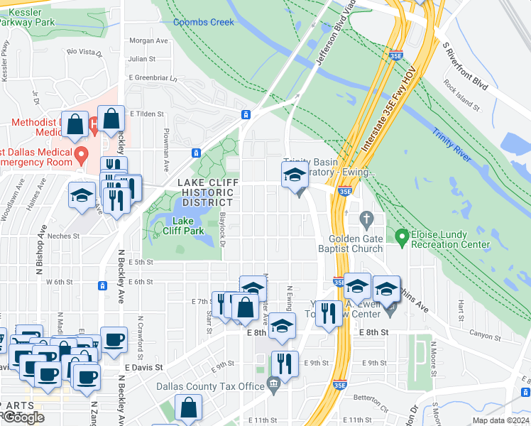 map of restaurants, bars, coffee shops, grocery stores, and more near N Lancaster Ave & Comal St in Dallas