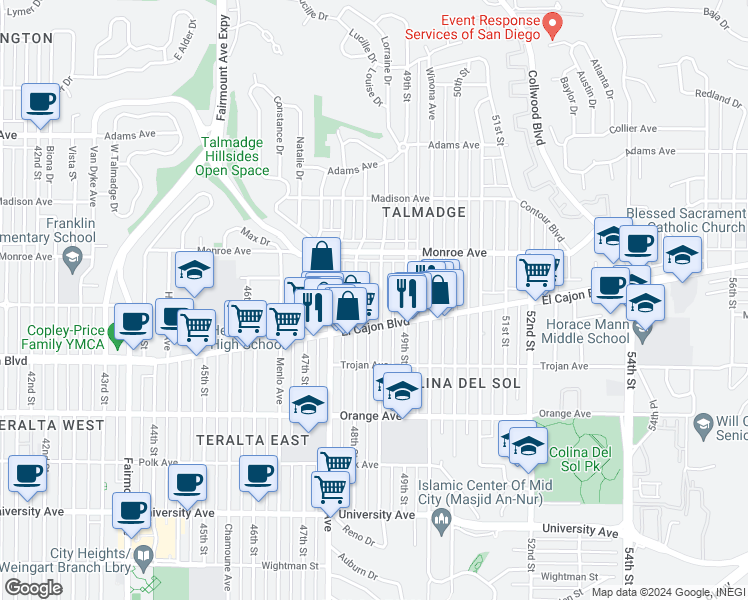 map of restaurants, bars, coffee shops, grocery stores, and more near 4434 Estrella Avenue in San Diego