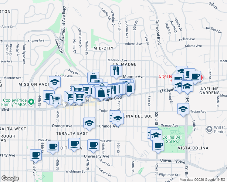map of restaurants, bars, coffee shops, grocery stores, and more near 4435 Estrella Avenue in San Diego