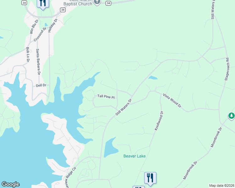 map of restaurants, bars, coffee shops, grocery stores, and more near 100 Beach Island Trace in Dadeville