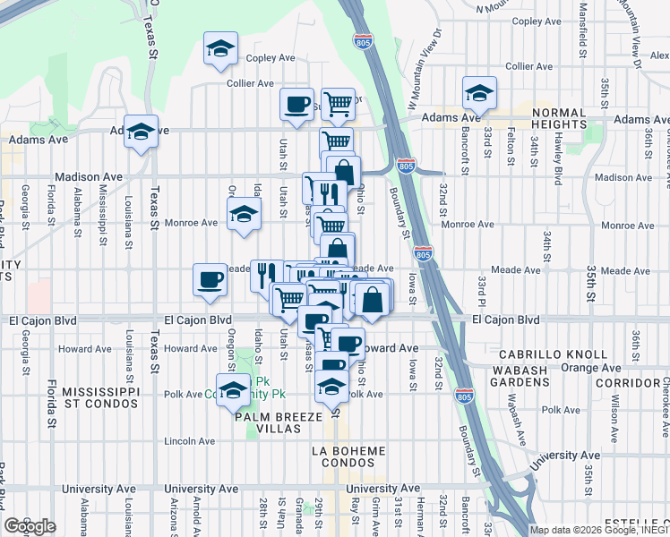 map of restaurants, bars, coffee shops, grocery stores, and more near 30th St & Meade Ave in San Diego