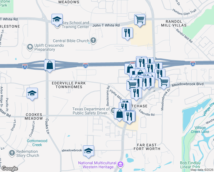map of restaurants, bars, coffee shops, grocery stores, and more near 1500 Berckmans Road in Fort Worth
