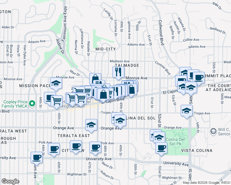 map of restaurants, bars, coffee shops, grocery stores, and more near 4435 Estrella Avenue in San Diego