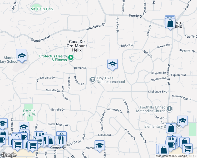 map of restaurants, bars, coffee shops, grocery stores, and more near 4245 Vista Way in La Mesa
