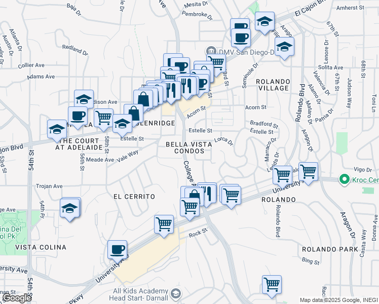 map of restaurants, bars, coffee shops, grocery stores, and more near 4403 College Avenue in San Diego