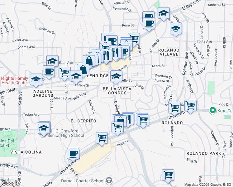 map of restaurants, bars, coffee shops, grocery stores, and more near 4403 College Avenue in San Diego