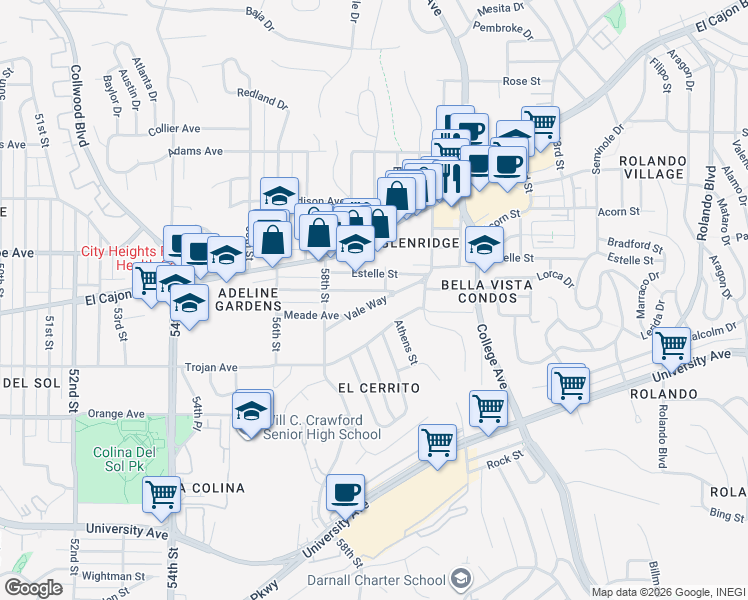 map of restaurants, bars, coffee shops, grocery stores, and more near 5885 Vale Way in San Diego