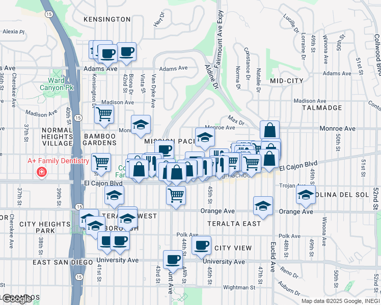 map of restaurants, bars, coffee shops, grocery stores, and more near 4394 Highland Avenue in San Diego