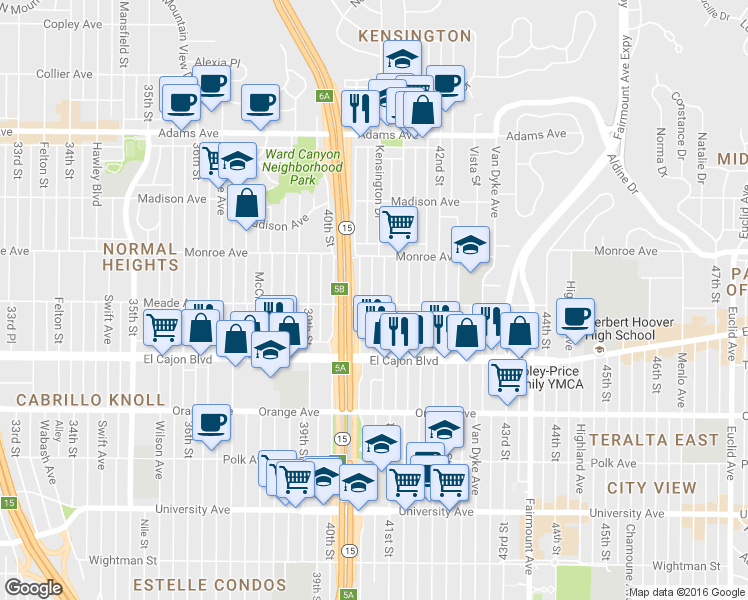 map of restaurants, bars, coffee shops, grocery stores, and more near 4055 Meade Avenue in San Diego