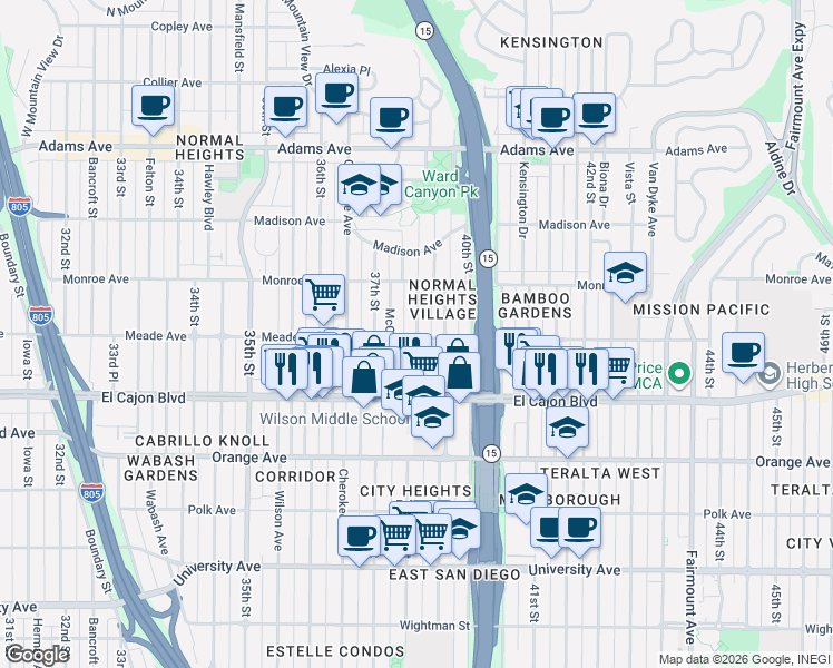 map of restaurants, bars, coffee shops, grocery stores, and more near 3815 Meade Avenue in San Diego