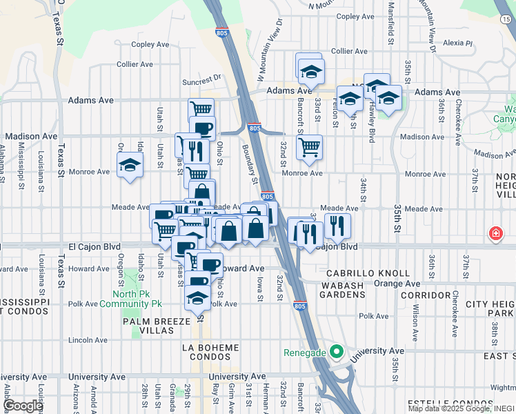 map of restaurants, bars, coffee shops, grocery stores, and more near 4386 Iowa Street in San Diego