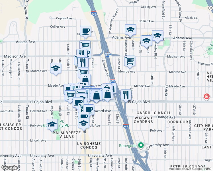 map of restaurants, bars, coffee shops, grocery stores, and more near 4387 Illinois Street in San Diego