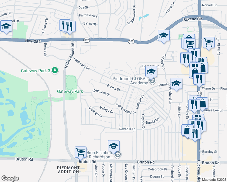 map of restaurants, bars, coffee shops, grocery stores, and more near 7416 Eccles Drive in Dallas