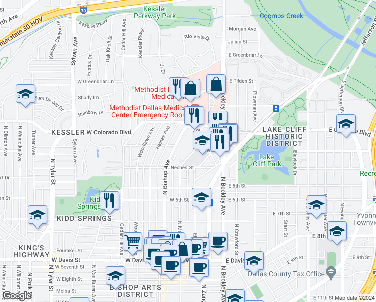 map of restaurants, bars, coffee shops, grocery stores, and more near 1119 North Madison Avenue in Dallas