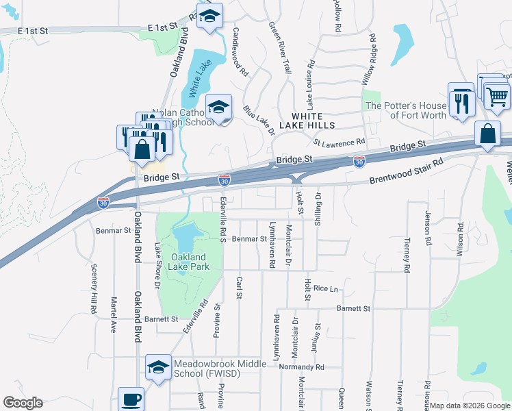 map of restaurants, bars, coffee shops, grocery stores, and more near 4500 Brentwood Stair Road in Fort Worth