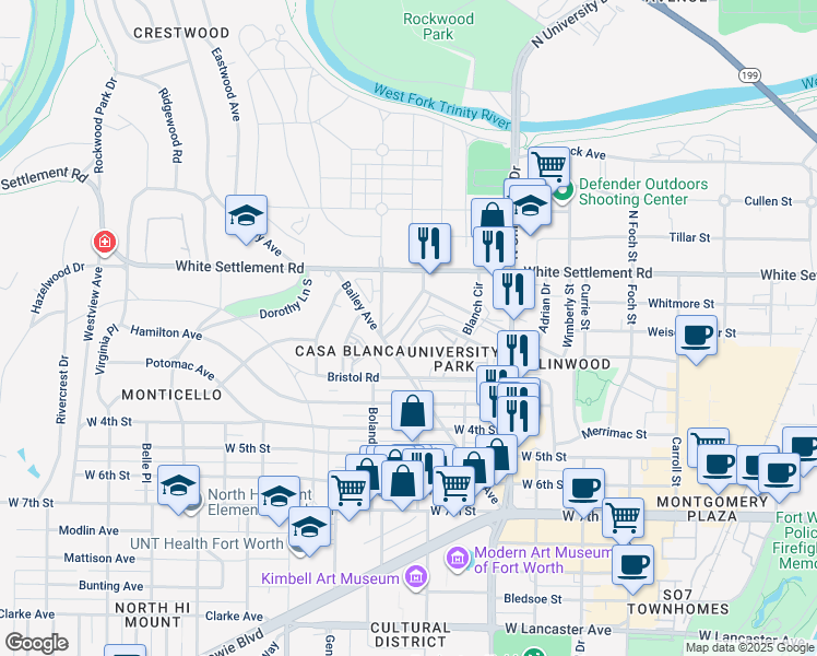 map of restaurants, bars, coffee shops, grocery stores, and more near 3252 Sondra Drive in Fort Worth