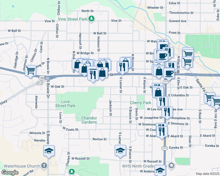 map of restaurants, bars, coffee shops, grocery stores, and more near 202 Jackson Street in Weatherford
