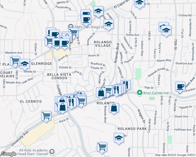 map of restaurants, bars, coffee shops, grocery stores, and more near 4366 Marraco Drive in San Diego