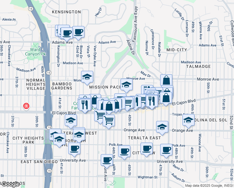 map of restaurants, bars, coffee shops, grocery stores, and more near 4394 Highland Avenue in San Diego