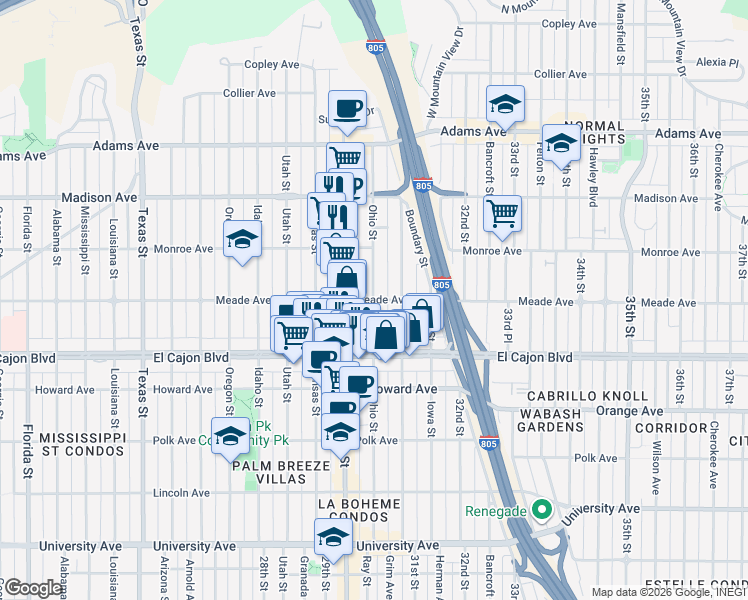 map of restaurants, bars, coffee shops, grocery stores, and more near Meade Avenue & Ohio Street in San Diego