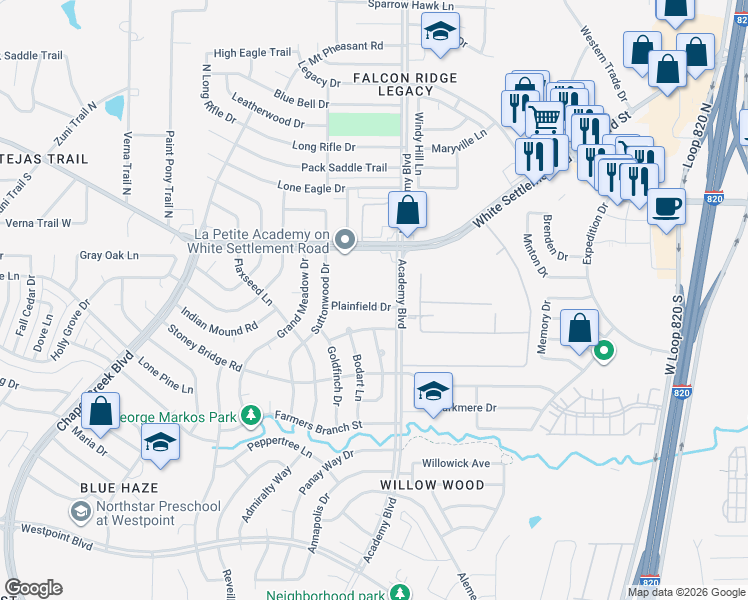 map of restaurants, bars, coffee shops, grocery stores, and more near 9914 Plainfield Drive in Fort Worth