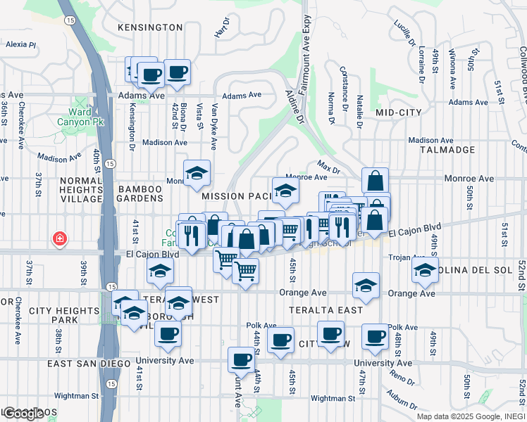 map of restaurants, bars, coffee shops, grocery stores, and more near 4394 Highland Avenue in San Diego