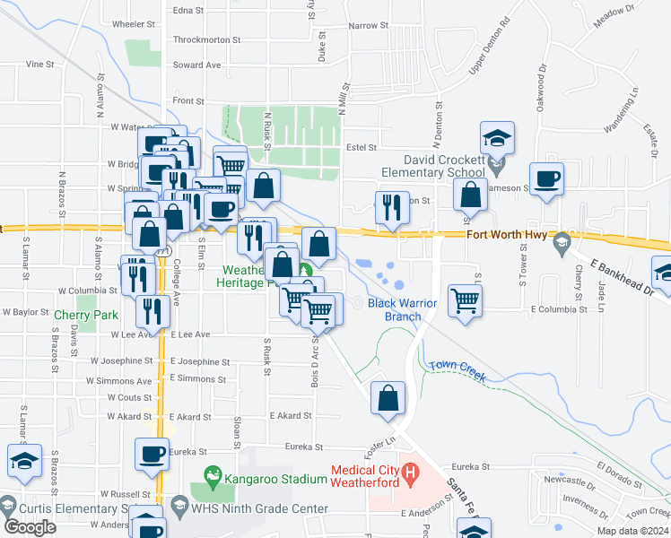 map of restaurants, bars, coffee shops, grocery stores, and more near 513 East Oak Street in Weatherford