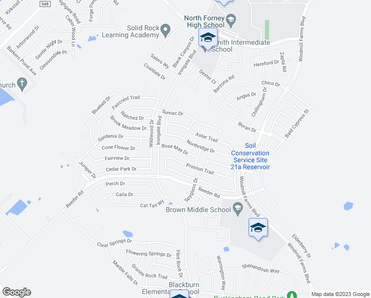 map of restaurants, bars, coffee shops, grocery stores, and more near 2110 Rose May Drive in Forney