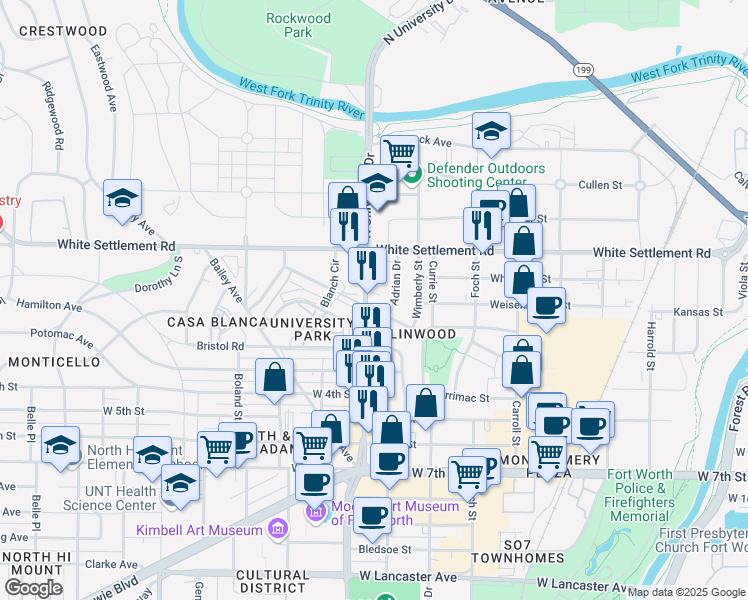 map of restaurants, bars, coffee shops, grocery stores, and more near 217 University Drive in Fort Worth