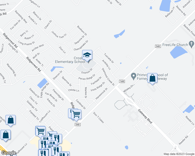 map of restaurants, bars, coffee shops, grocery stores, and more near 1517 Fairfield Drive in Forney