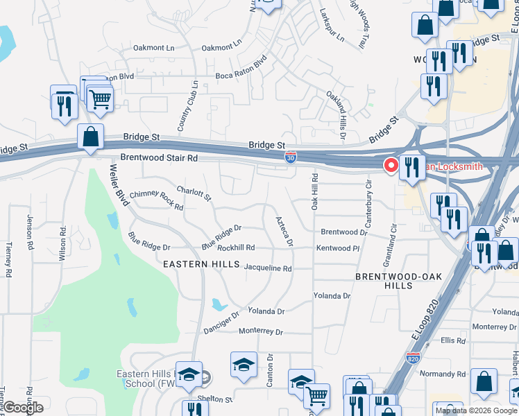 map of restaurants, bars, coffee shops, grocery stores, and more near 5804 Azteca Drive in Fort Worth