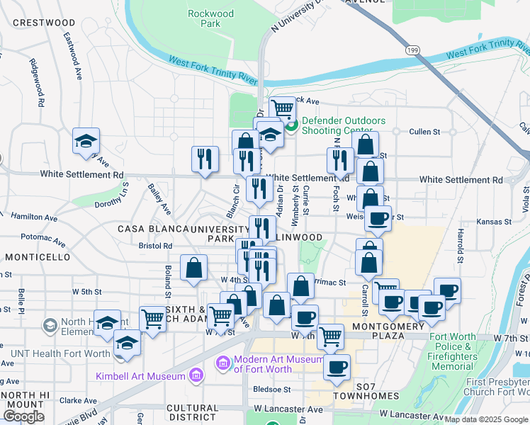 map of restaurants, bars, coffee shops, grocery stores, and more near 217 University Drive in Fort Worth