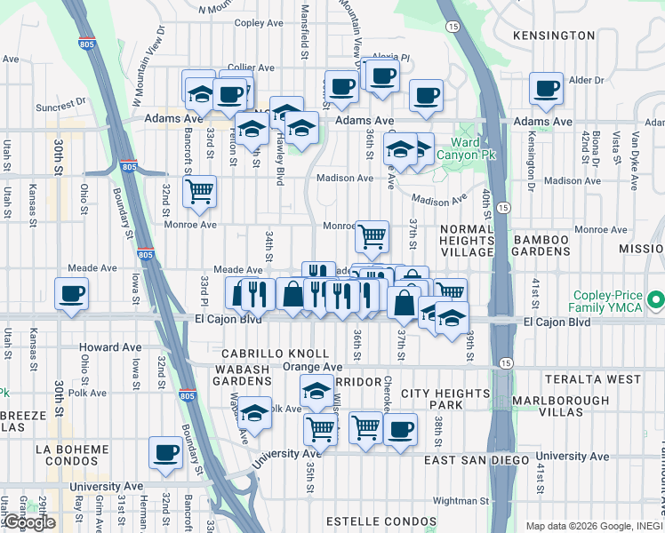 map of restaurants, bars, coffee shops, grocery stores, and more near 4396 Wilson Avenue in San Diego
