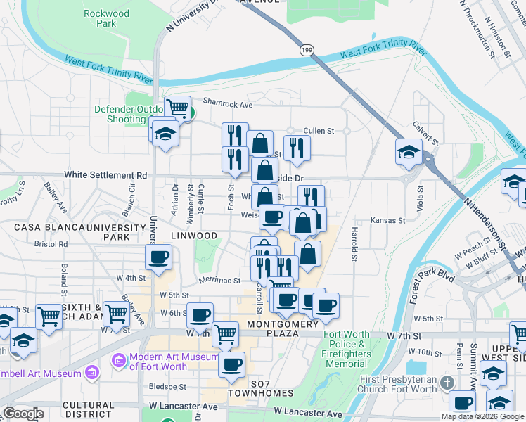 map of restaurants, bars, coffee shops, grocery stores, and more near 251 Carroll Street in Fort Worth