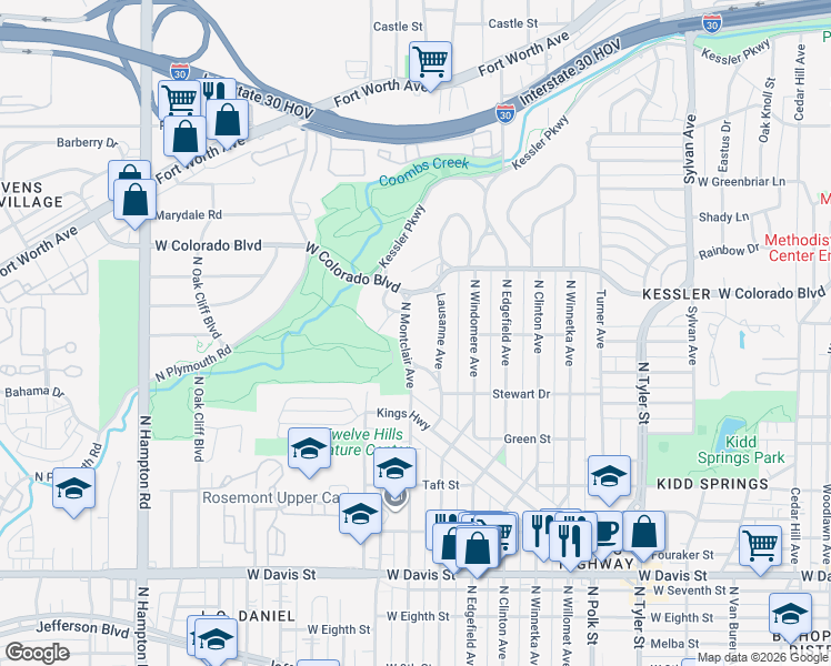 map of restaurants, bars, coffee shops, grocery stores, and more near 1022 North Montclair Avenue in Dallas