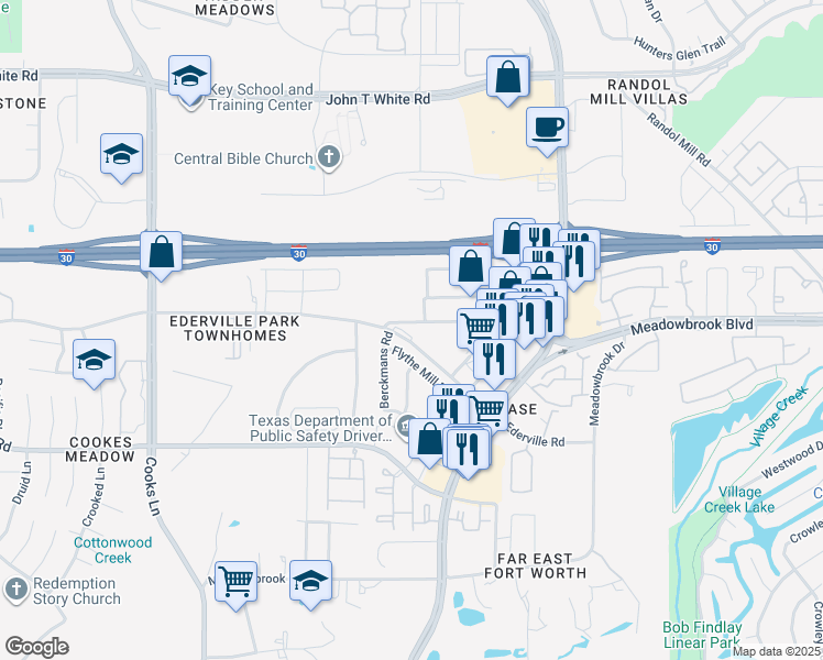 map of restaurants, bars, coffee shops, grocery stores, and more near 8221 Ederville Road in Fort Worth