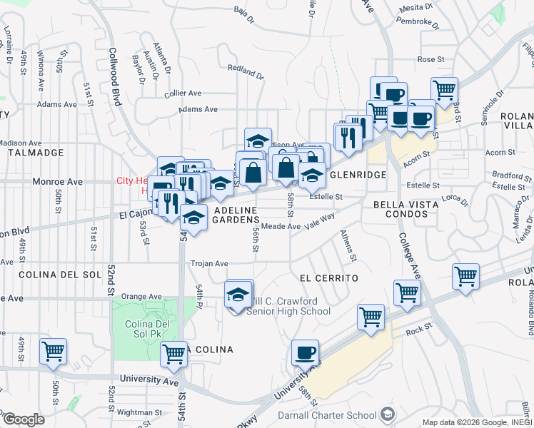 map of restaurants, bars, coffee shops, grocery stores, and more near 5629 Adelaide Avenue in San Diego
