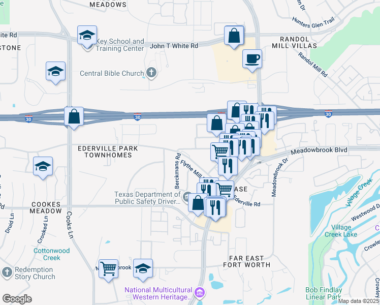 map of restaurants, bars, coffee shops, grocery stores, and more near 8221 Ederville Road in Fort Worth