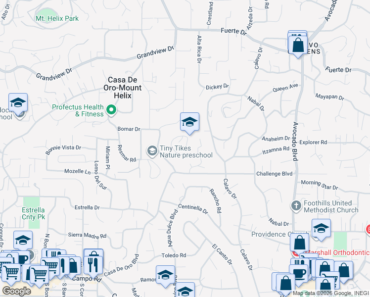 map of restaurants, bars, coffee shops, grocery stores, and more near 4311 Alta Mira Drive in La Mesa