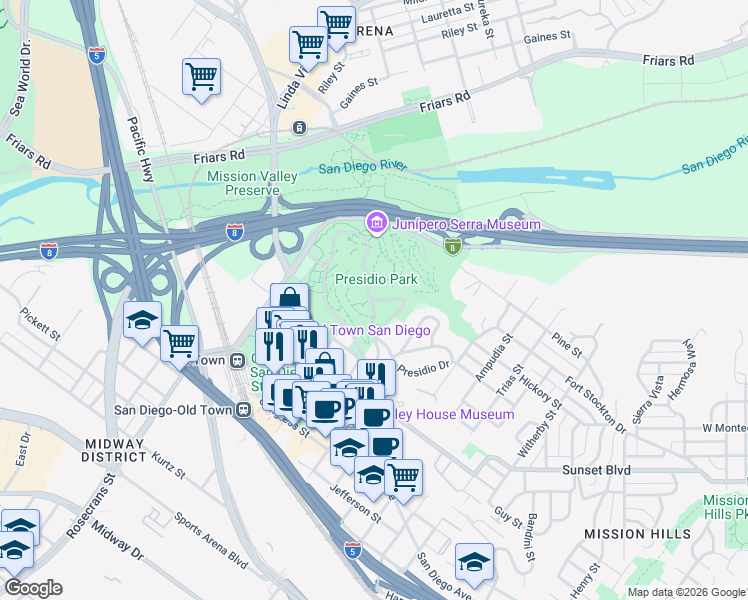 map of restaurants, bars, coffee shops, grocery stores, and more near 4299 Cosoy Way in San Diego
