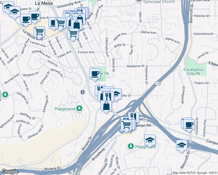 map of restaurants, bars, coffee shops, grocery stores, and more near 8564 Echo Drive in La Mesa