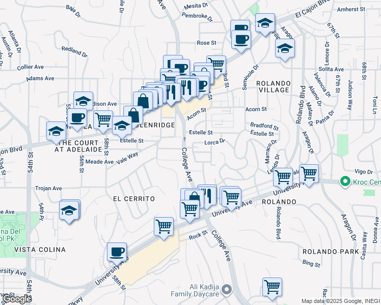 map of restaurants, bars, coffee shops, grocery stores, and more near 4403 College Avenue in San Diego