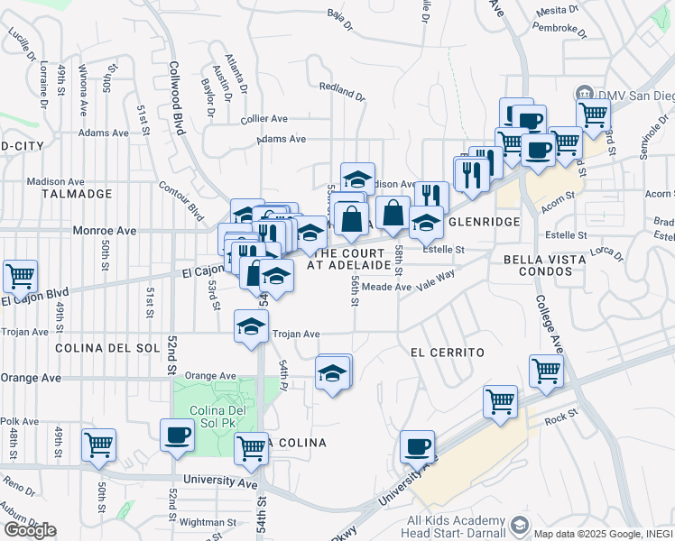 map of restaurants, bars, coffee shops, grocery stores, and more near 5505 Adelaide Avenue in San Diego