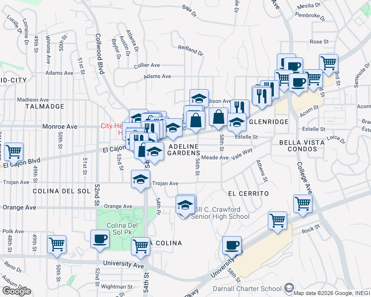map of restaurants, bars, coffee shops, grocery stores, and more near 5511 Adelaide Avenue in San Diego