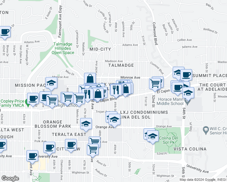 map of restaurants, bars, coffee shops, grocery stores, and more near 4421 Estrella Avenue in San Diego
